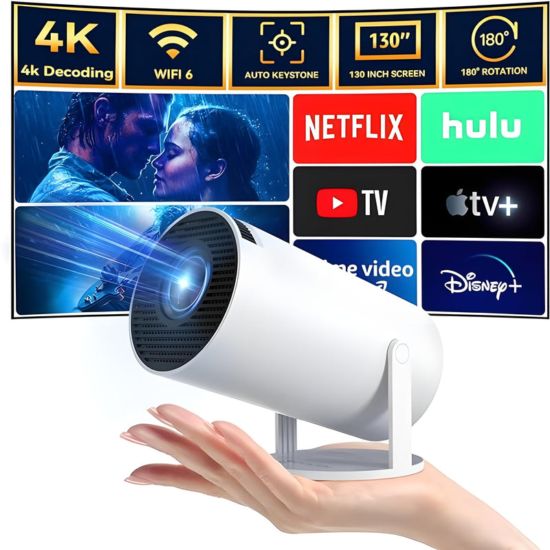 Mini Projetor Cinema Portátil, 4K, WI-FI - Diversão em Alta Definição, em Qualquer Ângulo